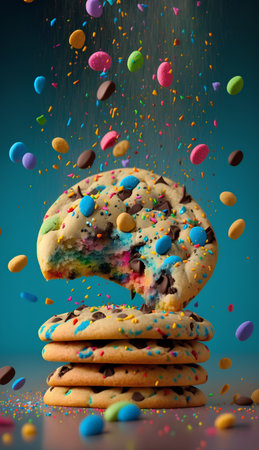 Colorful chocolate chip cookies falling into the air. 3d renderingの素材