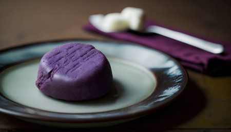 Purple macaroons in a plate on a wooden table.の素材