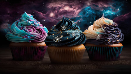 Cupcakes with snowflakes and stars on the background of the night skyの素材