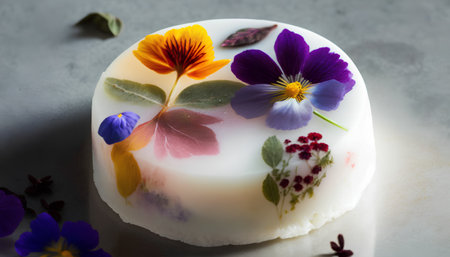 Handmade soap with viola flowers on a gray background. Selective focusの素材