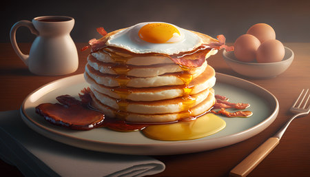 Delicious pancakes with fried egg, bacon and maple syrup on plateの素材