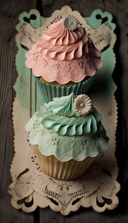 Cupcakes with buttercream frosting on a wooden background.の素材