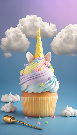 Birthday cupcake with unicorn horn on blue background. 3D renderingの素材