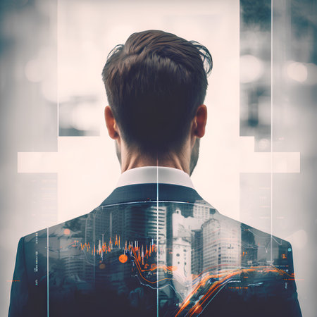 Back view of young businessman looking at cityscape with forex chart. Double exposureの素材
