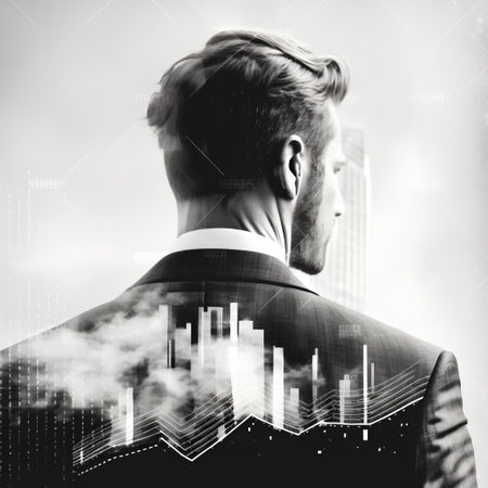 double exposure of young businessman with financial symbols coming out of his backの素材