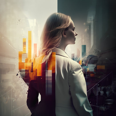 Side view of young businesswoman looking at digital business chart on abstract city backgroundの素材