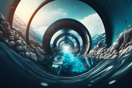 Futuristic tunnel in the blue sea. 3d rendering.の素材