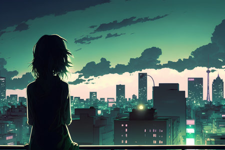 Silhouette of a girl against the background of the night cityの素材