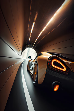 3d rendering of a car driving through a tunnel with lights in the backgroundの素材