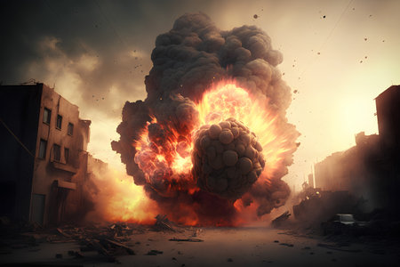 Conceptual image of a destroyed building with a huge explosion.の素材