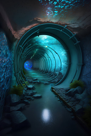 3D rendering of an underwater cave with a dark blue tunnel and a bright lightの素材