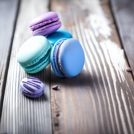 Colorful macarons on a wooden background. Toned.の素材