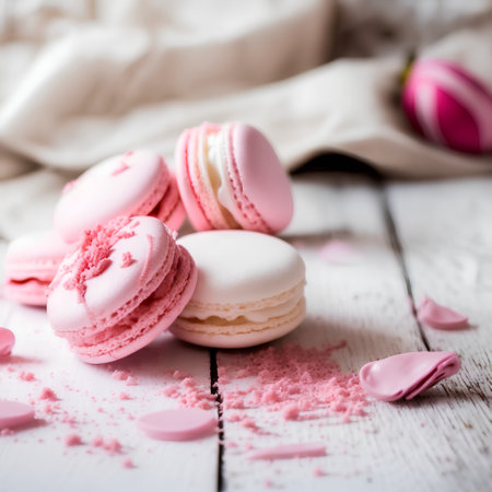Pink and white macarons on a white wooden background. Selective focus.の素材