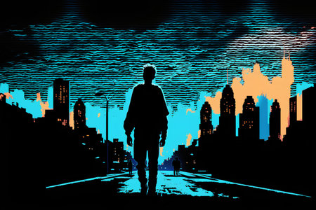 Silhouette of a man walking in the city. Vector illustration.の素材