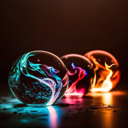Glowing crystal ball with fire flames on black background. 3D rendering.の素材