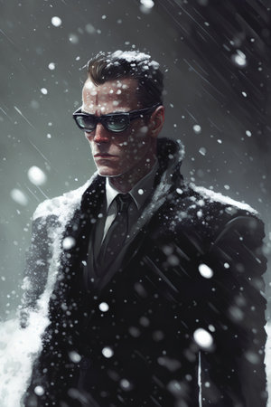 Portrait of a handsome man in black coat and sunglasses under the falling snow.の素材