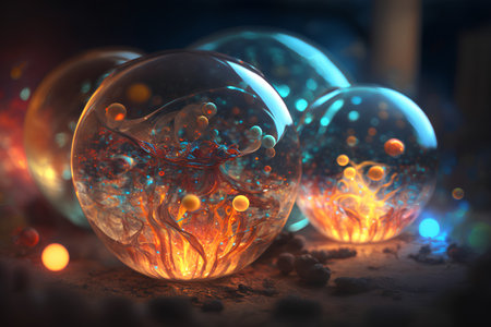 3d illustration of abstract fractal composition with bubbles and light effectsの素材