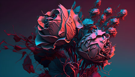 3D illustration of a bunch of roses in neon light. Abstract floral background.の素材
