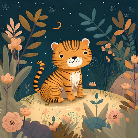 Cute cartoon tiger sitting on the sand among the flowers. Vector illustration.の素材
