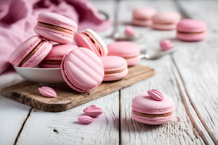 Pink macarons on a white wooden background. Selective focus.の素材