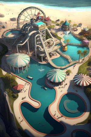 Aerial view of the water park in the summer. 3d renderingの素材