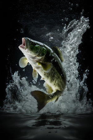 Fishing trophy. Freshwater fish in water on black background.の素材