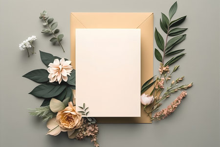 Creative layout made of flowers, leaves and envelope on grey background. Flat lay, top view.の素材