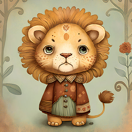 Cute lion in ethnic costume. Hand drawn watercolor illustration.の素材
