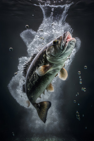 Fish in water with bubbles. Underwater world. 3d illustrationの素材