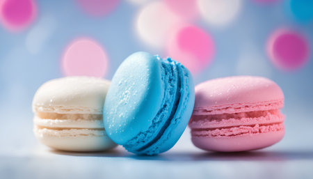 Colorful macaroons on a blue background with bokehの素材
