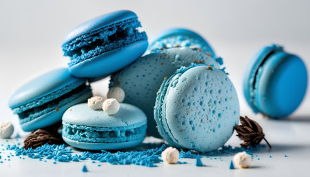 Blue macarons on a white background. Blue macarons with blue powder.の素材