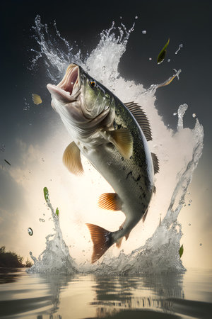 Fishing concept with big pike fish jumping out of water. Mixed mediaの素材