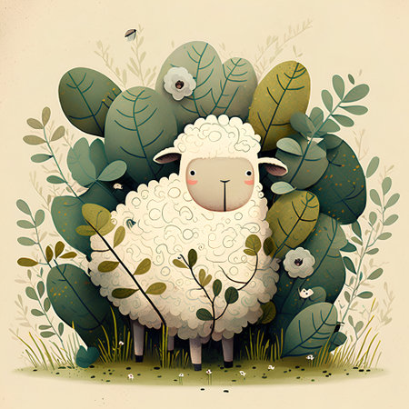 Cute sheep with leaves and flowers. Vintage illustration in vector format.の素材