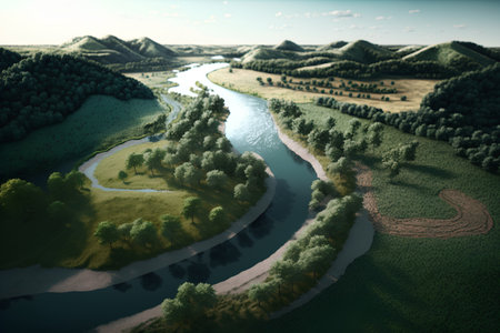 Aerial view of the river in the forest. 3d renderの素材