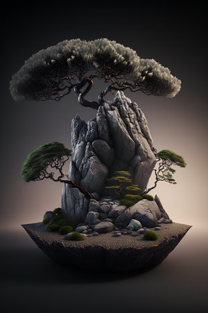 bonsai tree on the rock. 3d illustration, 3d renderの素材