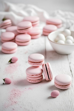 Pink macarons on a white wooden background. Selective focus.の素材