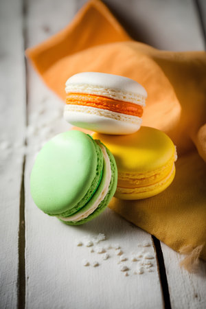 Colorful macaroons on white wooden background. Toned.の素材