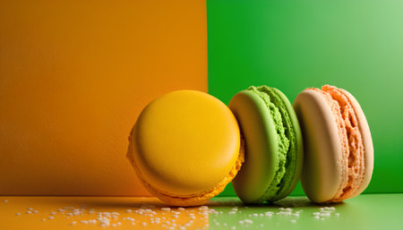 Colorful macaroons on a yellow and green background. Close-up.の素材