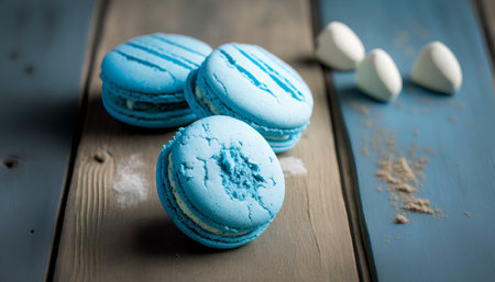Macaroons on a wooden table. Blue macarons.の素材