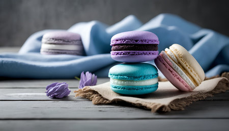 Colorful macaroons on a wooden background. Selective focus.の素材