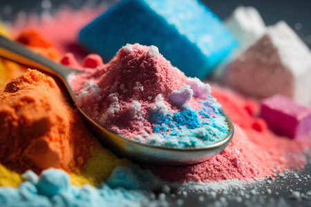 Variety of colorful holi powder in spoon on black background.の素材