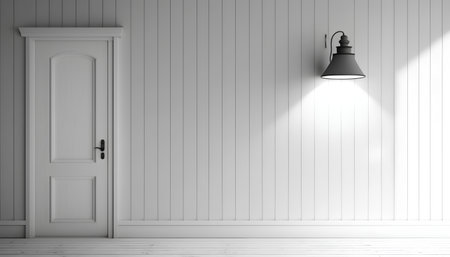 3d rendering of a white room with a lamp and a doorの素材