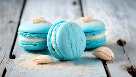 Blue macarons on white wooden background, close-up, selective focus.の素材