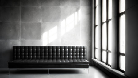 Black leather sofa in a room with a large window, 3d render