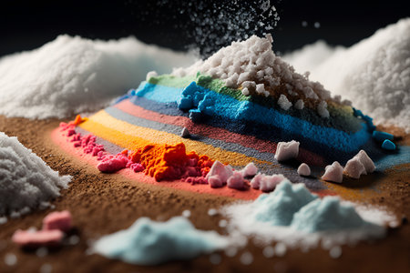 Pile of colorful holi powder or holi powder on dark backgroundの素材