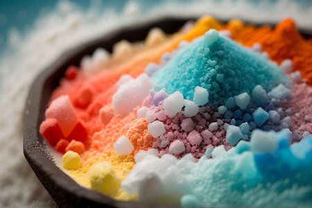 Colorful holi powder in wooden bowl. Selective focus.の素材