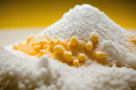 Close-up of a pile of powdered sugar on a yellow backgroundの素材
