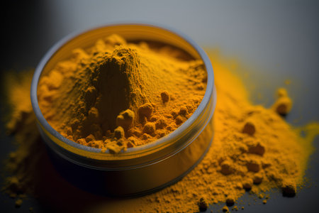 Turmeric powder in a jar on a black background. Selective focus.の素材