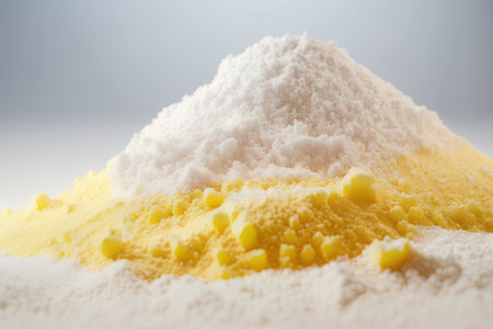 Close up of a pile of flour on a white surface with a blurred backgroundの素材