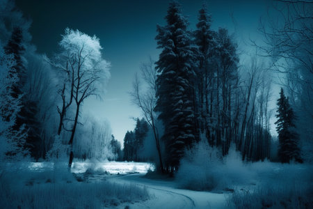 Winter landscape with frozen trees and road in the forest, tonedの素材
